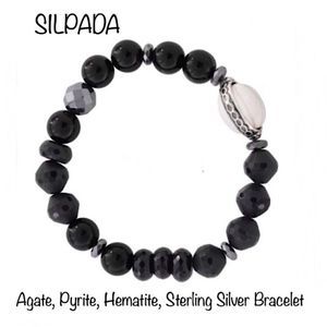 SILPADA Sterling Silver Agate Pyrite Hematite Stretch Bracelet NIB